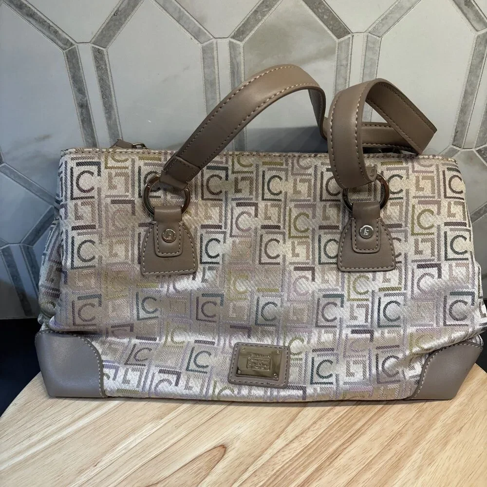Vintage Liz Claiborne Handbag Beige Silver Two Handle Monogram Satchel Y2K